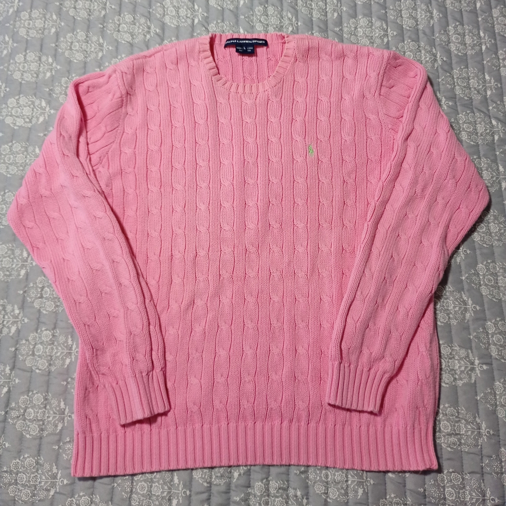 Ralph Lauren Sport Pink VTG 100% Cotton Womens Sweater Sz Large Cable Knit